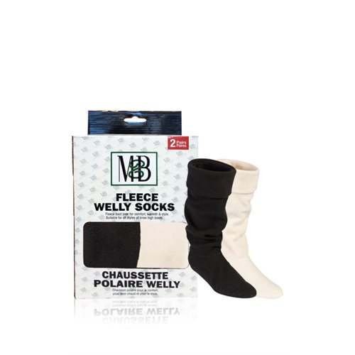 FLEECE WELLY SOCKS FLEECE CUFF BLACK & CREAM 2 PAIRS - ASSORTED SIZES 
