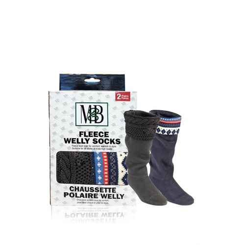 FLEECE WELLY SOCKS KNIT CUFF MOTIF GREY & BLUE 2 PAIRS - ASSORTED SIZES